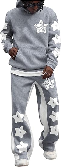 Men's 2 Piece Sweatsuit Long Sleeve Star Hoodie Pullover and Y2K Stacked Sweatpants Sets