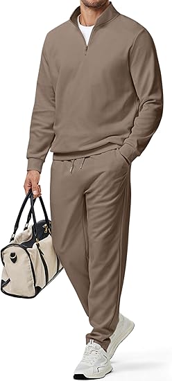 Men Spring Lightweight Tracksuit 2 Piece Set Polo Quarter Zip Twill Sweatsuits Jogging Sweatpants Loungewea