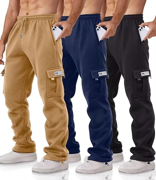 Cargo Pants for Men 3 Pack Relaxed Fit Mens Joggers with Pockets,Fleece Hiking Tactical Workout Pants Casual